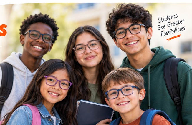 A diverse group of elementary and secondary school students wearing glasses