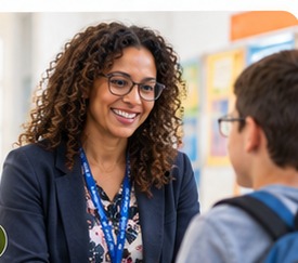 School staff member speaking with a student